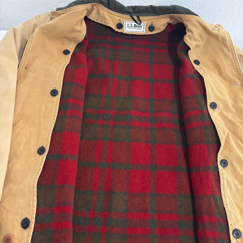 LL Bean Field Barn Coat Jacket Mens XL Tan Canvas Red Wool Plaid Lined Vintage - Picture 5 of 12